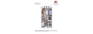 A floor plan of a studio apartment with a bathroom and balcony.