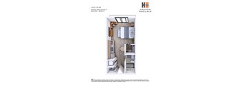 A floor plan of a studio apartment with a bathroom and balcony.