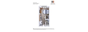 A floor plan of a studio apartment with a bathroom and balcony.