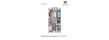 A floor plan of a studio apartment with a bathroom and kitchen area.