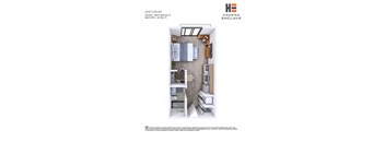 A floor plan of a studio apartment with a bathroom and balcony.