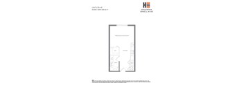 A floor plan for a studio apartment with a bedroom/living room area, kitchen, bathroom, and workspace.