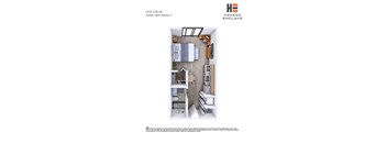 A floor plan of a studio apartment with a bathroom and bedroom.