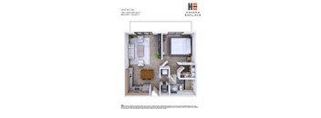 A floor plan of a unit at Havana Enclave showing a living room, kitchen, and two bedrooms.