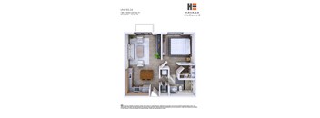 A floor plan of a one bedroom apartment with a balcony.