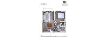 A floor plan of a unit with a kitchen, living room, and bedroom.