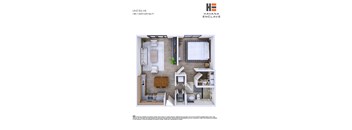 A floor plan of a unit at Havana Enclave showing a kitchen, living room, and bedroom.