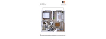 A floor plan of a unit at Havana Enclave showing a bedroom, living room, kitchen, and bathroom.