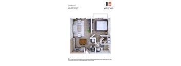 A floor plan of a unit at Havana Enclave showing a bedroom, living room, kitchen, and bathroom.