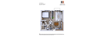 A floor plan of a unit at Havana Enclave showing a bedroom, living room, kitchen, and bathroom.