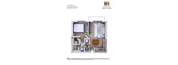 A floor plan of a unit at Havana Enclave showing a bedroom, living room, kitchen, and bathroom.