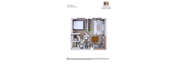 A floor plan of a unit at Havana Enclave showing a bedroom, living room, kitchen, and bathroom.