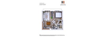 A floor plan of a unit at Havana Enclave showing a living room, two bedrooms, a kitchen, and a bathroom.