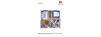 A floor plan of a one bedroom apartment with a living room, kitchen, and bathroom.