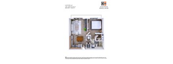 A floor plan of a room with a bed, desk, and chair.