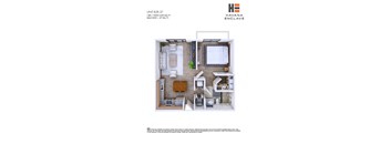 A floor plan of a unit at Havana Enclave showing a bedroom, living room, and kitchen.