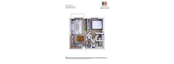 A floor plan of a unit with a kitchen, living room, and two bedrooms.