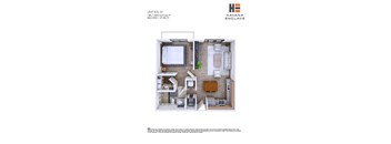 A floor plan of an apartment in Havana Enclave showing a living room, kitchen, and two bedrooms.