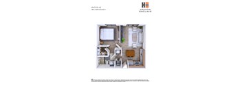 A floor plan of a one bedroom apartment with a living room, kitchen, and bathroom.