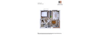 A floor plan of a one bedroom apartment with a living room, kitchen, and bathroom.