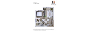 A floor plan of a one bedroom apartment with a living room, kitchen, and bathroom.