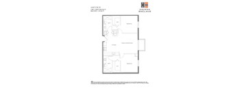 A floor plan for a unit at Havana Enclave shows a living room, two bedrooms, a bathroom, a kitchen, and a workspace.