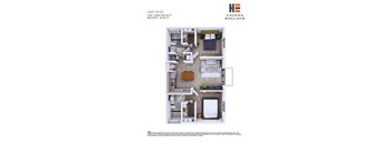 A floor plan of an apartment in Havana Enclave showing a living room, kitchen, and two bedrooms.
