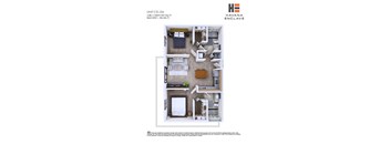A floor plan of an apartment in Havana Enclave showing a living room, kitchen, and two bedrooms.