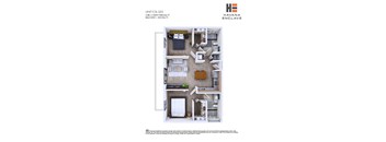 A floor plan of a unit at Havana Enclave showing a living room, two bedrooms, a bathroom, and a balcony.