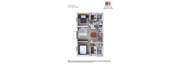 A floor plan of a 2 bedroom, 2 bathroom apartment.