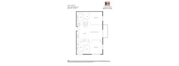 A floor plan for a unit at Havana Enclave shows a living area, two bedrooms, a bathroom, a kitchen, and a workspace.