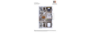 A floor plan of an apartment in Havana Enclave with two bedrooms, two bathrooms, and a balcony.