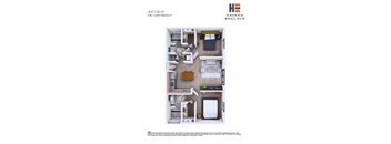A floor plan of a two-bedroom, two-bathroom apartment.