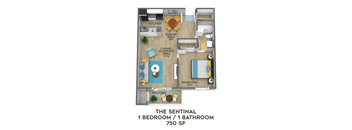 the sentinel 1 bedroom 1 bath apartment floor plan