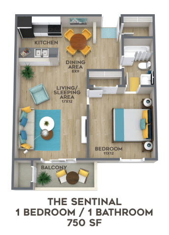 the sentinel 1 bedroom 1 bath apartment floor plan