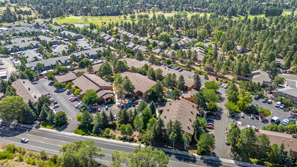 A bird's eye view of a residential area with houses and trees.
