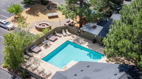 A swimming pool surrounded by a patio and trees.