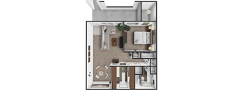 A top-down view of a small apartment with a kitchen, living room, and bathroom.