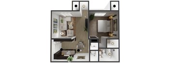 A 3D floor plan of a house with a kitchen, living room, and bathroom.