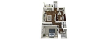 A 3D floor plan of a two-bedroom apartment.