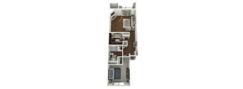 A floor plan of a small apartment with a kitchen, living room, and bedroom.