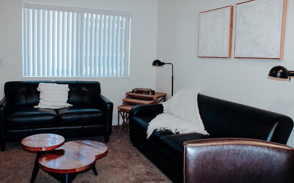 a living room with two leather couches and two coffee tables