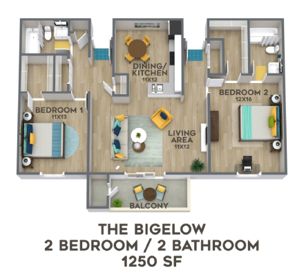 the bigelow 2 bedroom 1 bath apartment floor plan, transparent png download