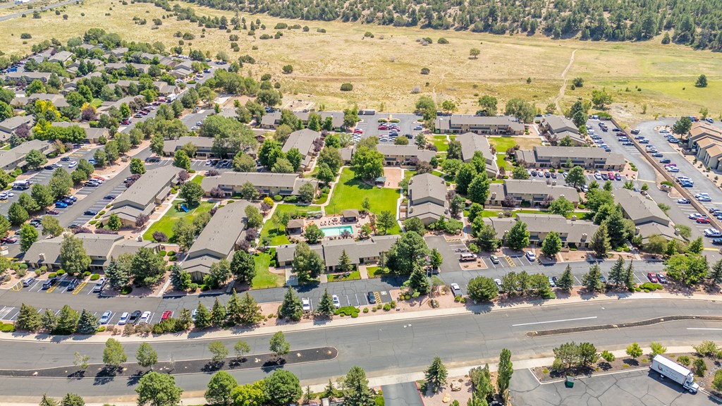 A bird's eye view of a residential area with houses and parked cars.
