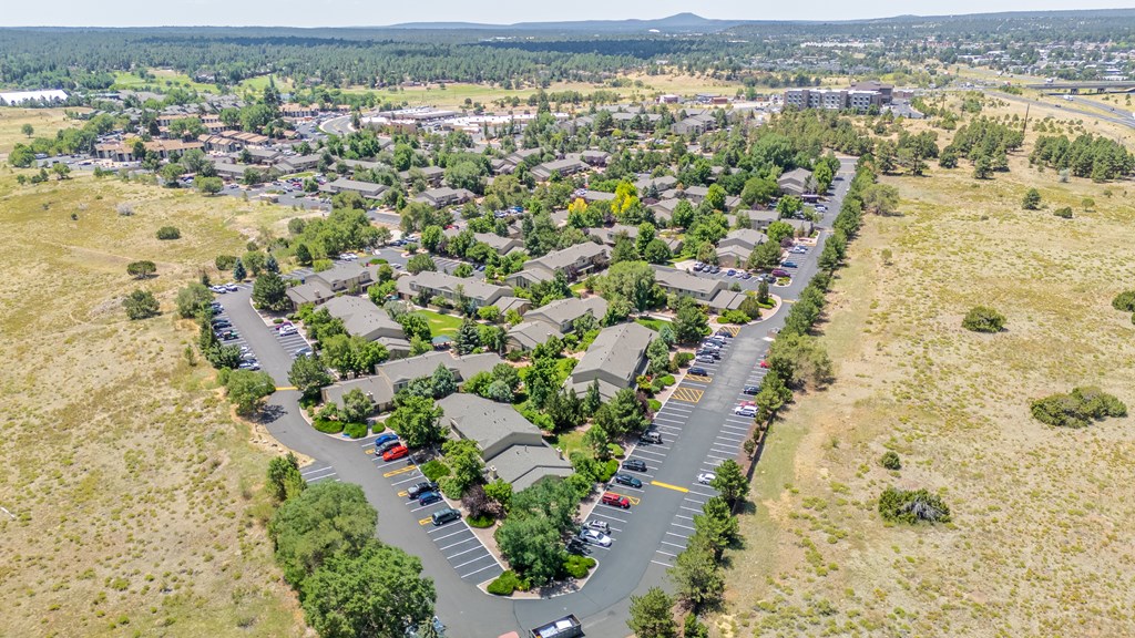 A bird's eye view of a residential area with houses and cars.
