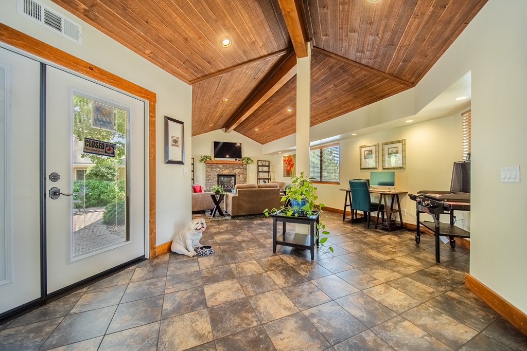 A dog is sitting on the floor of a room with a wooden ceiling.