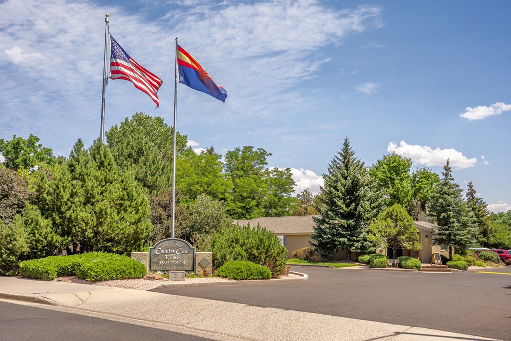 The entrance to Courtyard with two flags flying.