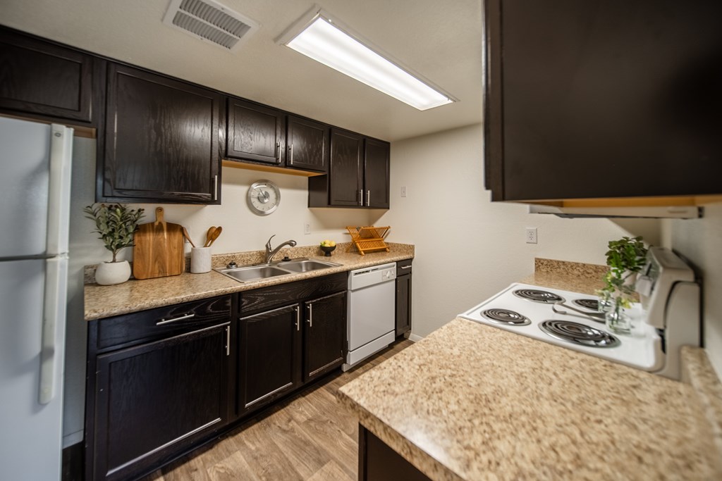 A kitchen with black cabinets and a granite countertop.