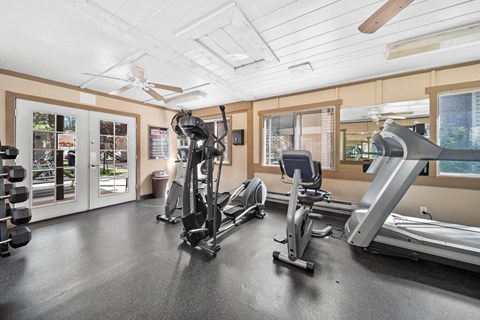 A gym with a variety of equipment including treadmills, weights, and a fan.