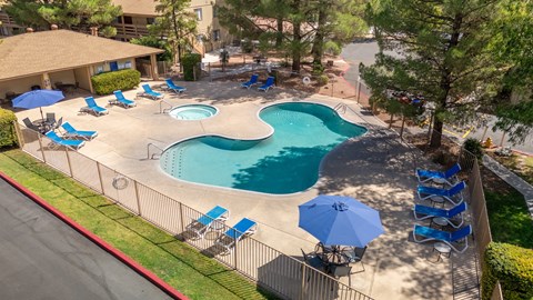 A pool surrounded by chairs and umbrellas.